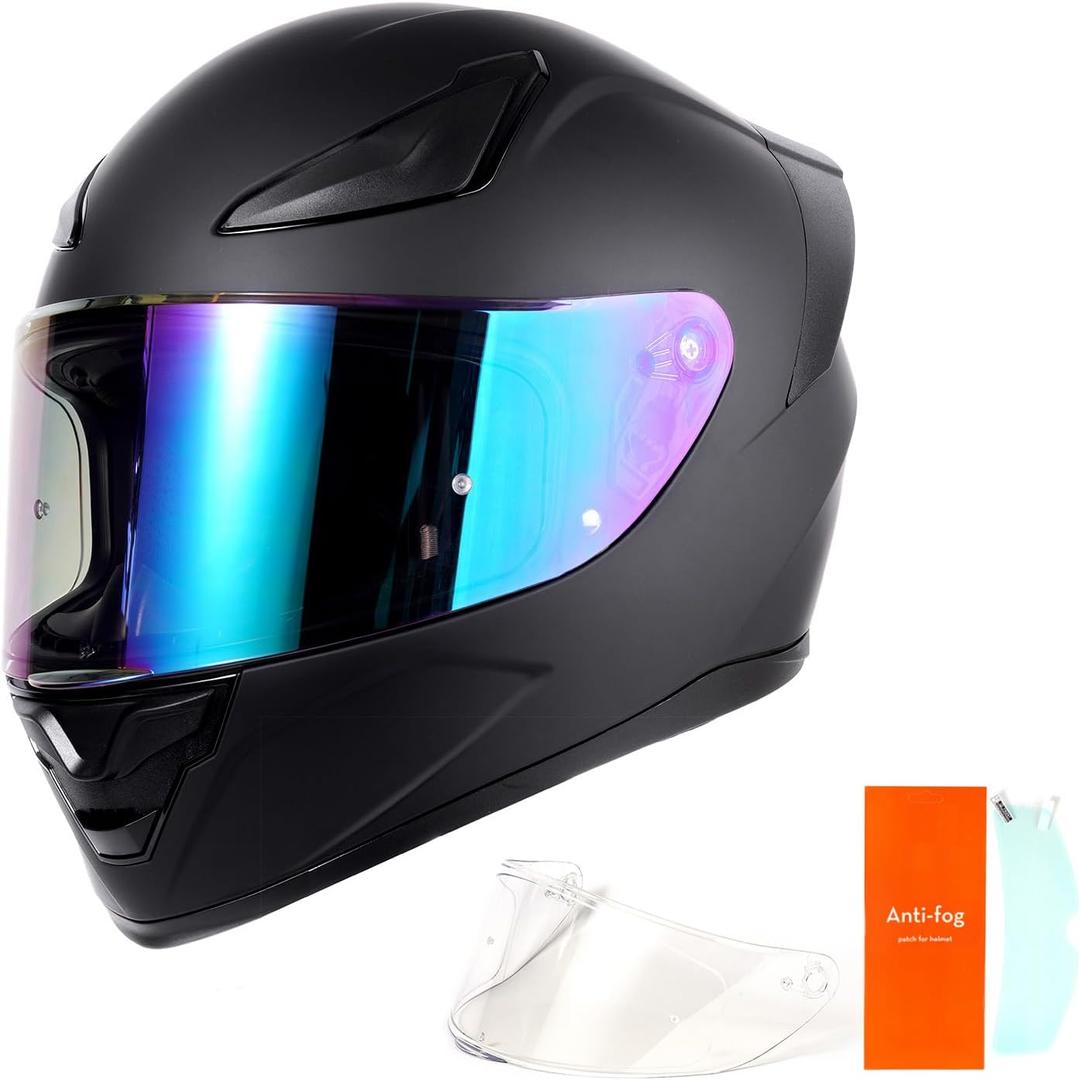 OTS Dual Visor Full-Face Motorcycle Helmet - DOT Certified, Lightweight ABS, Quick-Release Buckle, Washable Liner for Men & Women (Large, Matte Black)