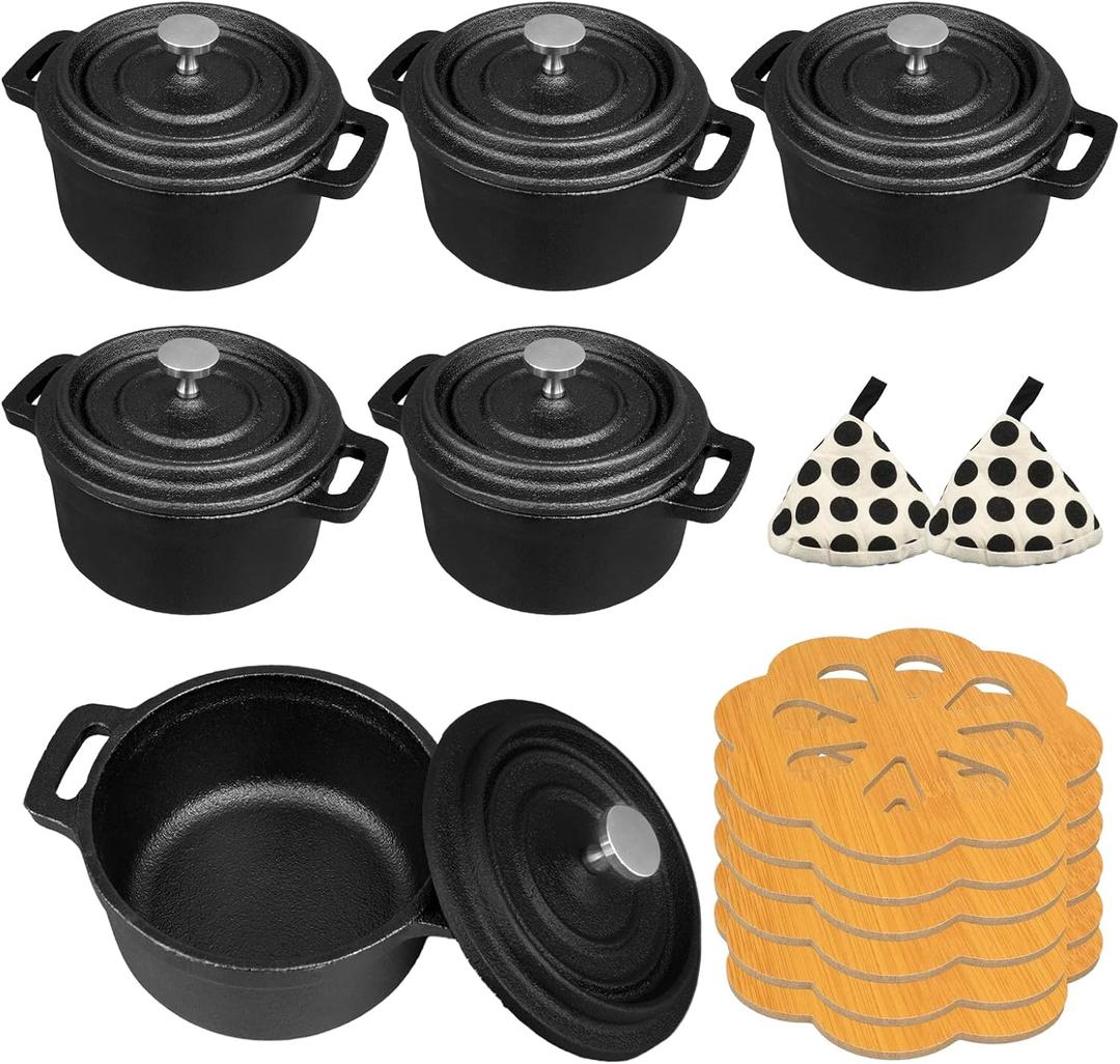6 Pcs Mini Dutch Oven with Lids and Dual Handles Round Small Iron Cocotte Pot Black Cast Iron Pot for Marinate Bake Refrigerate Cook Grill Garlic Roaster BBQ Stovetop Use (8 oz)
