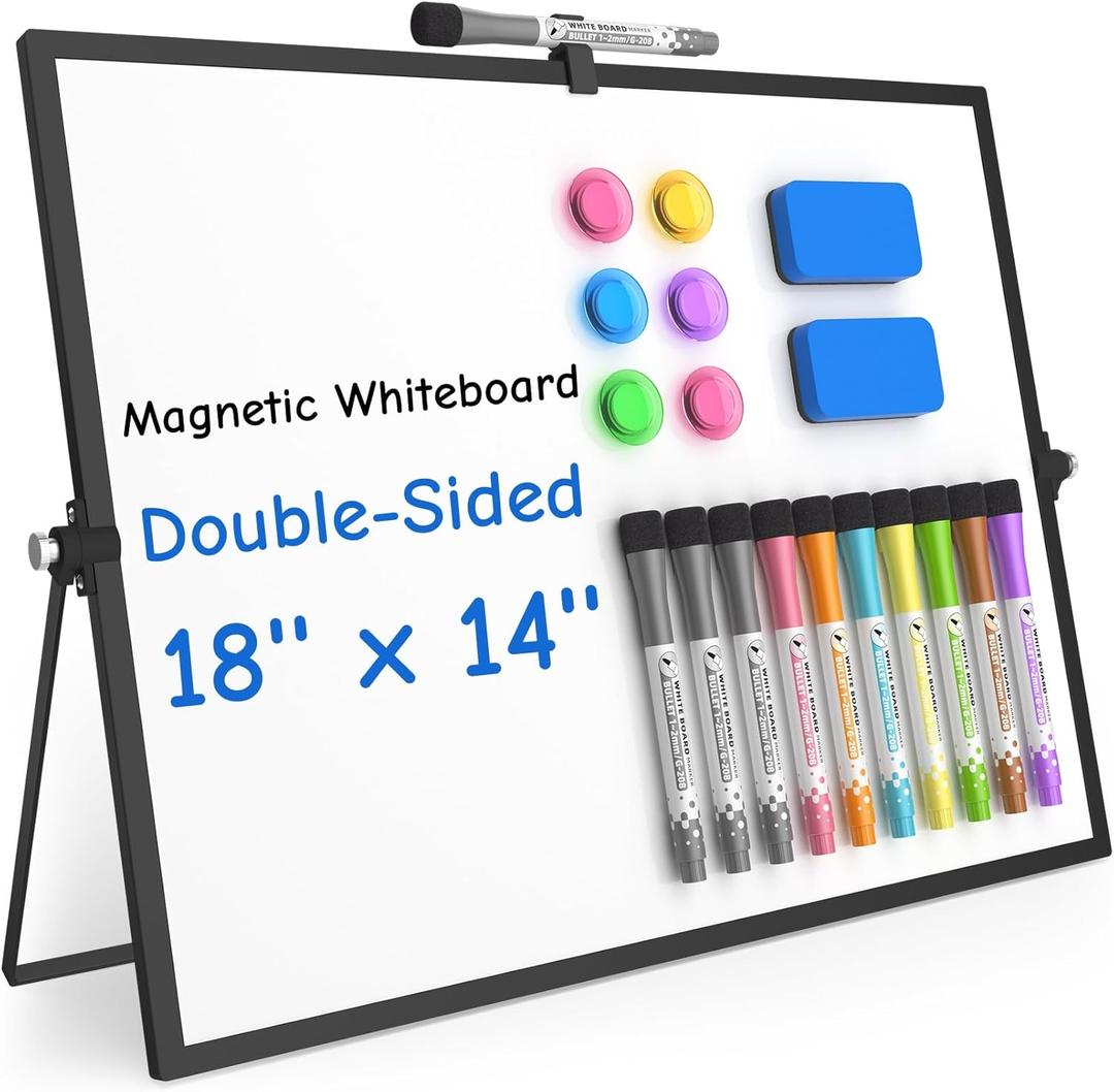 Grtard Magnetic Dry Erase Board with Stand, 18''x14'' Double-Sided White Board, Desktop Whiteboard with Stand, Large White Board, Desk Whiteboard Portable, Dry Erase Board for Kids, Memo (Black)