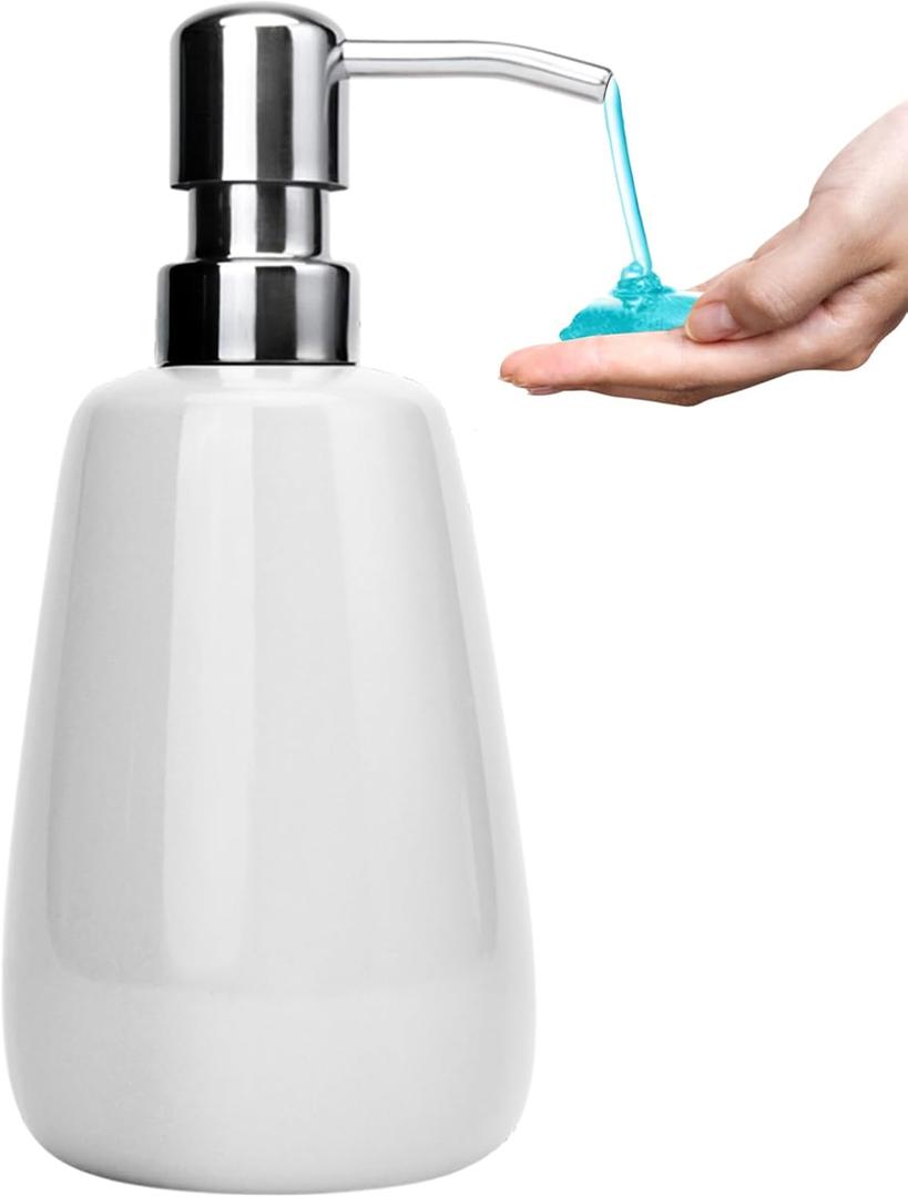 Hand Soap Dispenser Ceramics Bottles with Stainless Steel Pump Bathroom Empty Shampoo Bottles 10oz/300ml 2.76 inches Tall and 1.18 inches Wide (Sus-white)