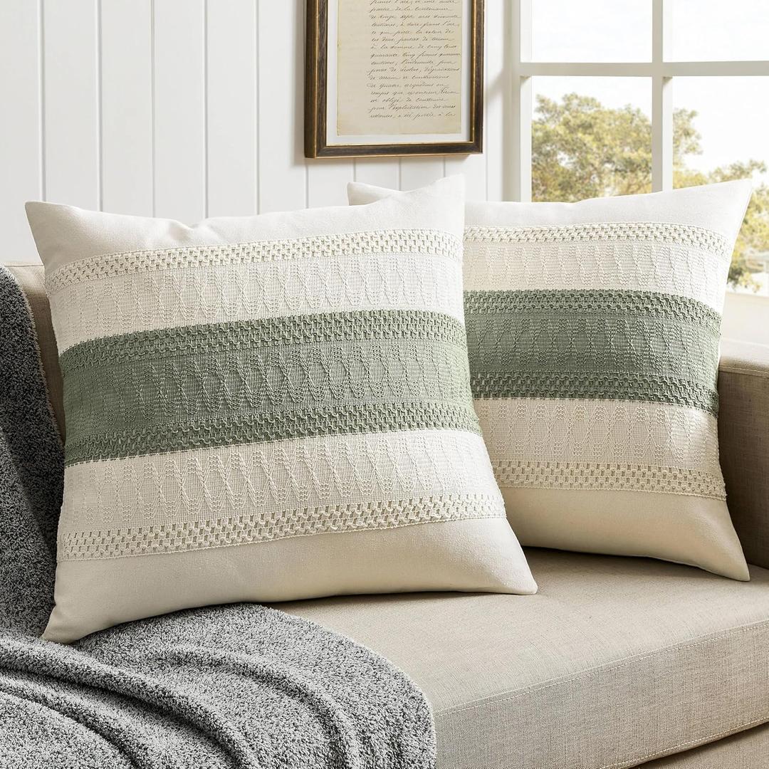 ZeeMart 2 Packs Cotton Boho Throw Pillow Covers 40x40 Inch Contrast Green, Soft Farmhouse Decorative Couch Pillow Cases Sage Green Cushion Covers for Sofa Bed Living Room Home Decor