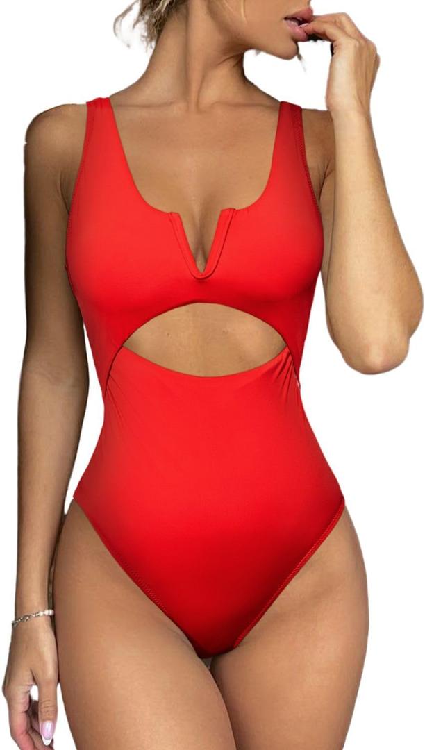Meyeeka Womens One Piece Swimsuits Tummy Control Bathing Suit for Women Push Up Swimwear V Neck High Cut Monokini (Medium, Red)