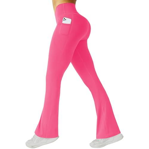 FireSwan Women's Flare Yoga Pants with Pockets High Waist Flared Leggings Bootcut Gym Workout Pants Tummy Control Hot Pink, L