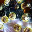 BBTO LED Disco Ball String Light Battery Powered Mirror Balls Ornaments for Outside Backyard Porch 70s 80s Disco Party Supplies(1.57 Inch,Gold)