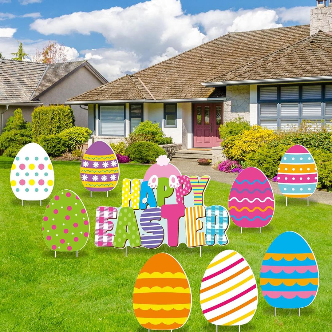 Fovths 9 Pieces Happy Easter Yard Sign Easter Outdoor Lawn Decorations Colorful Eggs Yard Sign with Stakes for Spring Home Yard Lawn Waterproof Party Decor