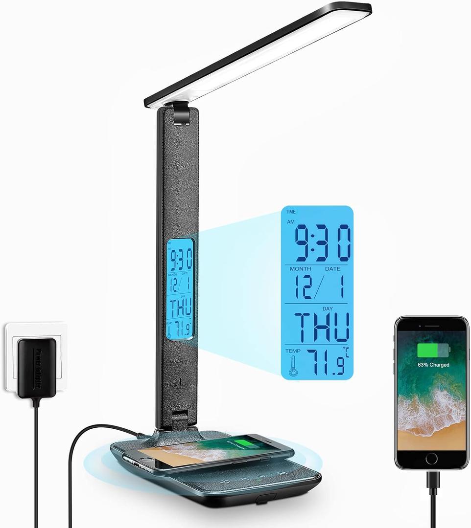 LAOPAO Desk Lamp with Wireless Charger: USB Charging Port, Table Lamp with Clock, Desk Lamps for Home Office College Dorm Room Essentials (Black)
