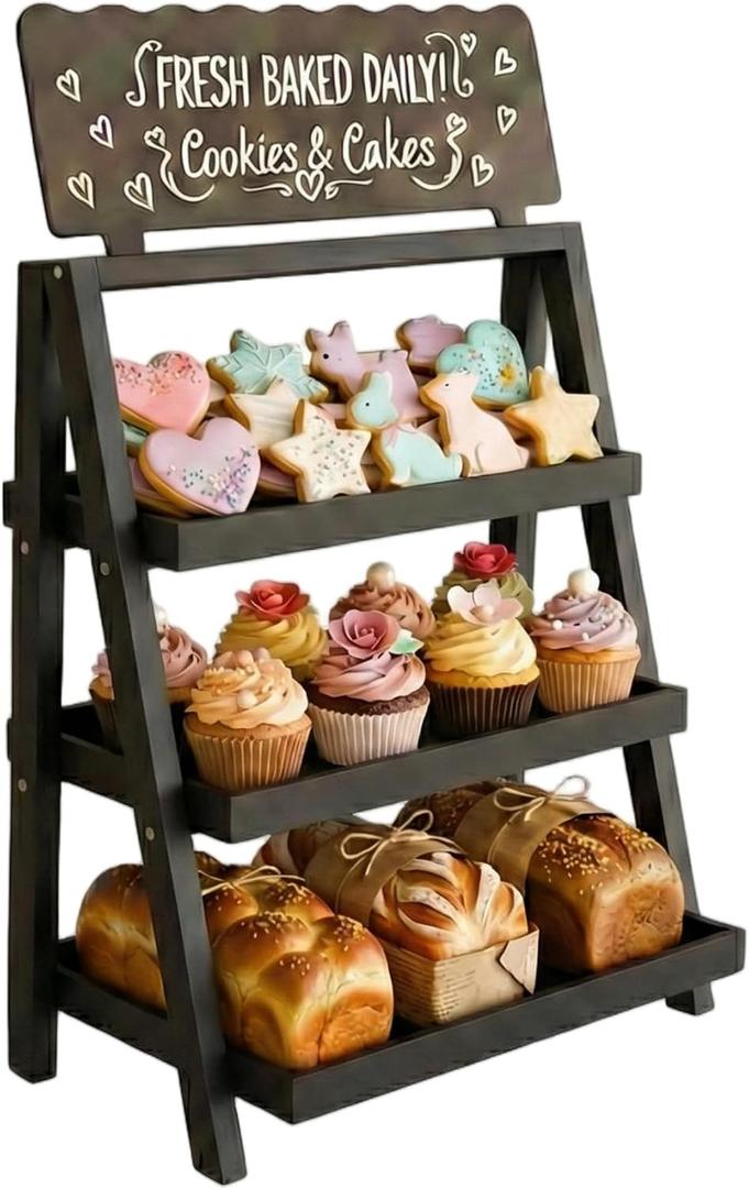 Foldable Wooden Cookie Display Stand for Bakers, Vendors, Market Booth, and Craft Fairs | 3 Tiered Cupcake Dessert Stand with Chalkboard Sign Ideal for Donuts, Cakes, Muffins & Pastries (Black)
