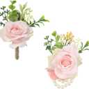 Meldel Wrist Corsage and Boutonniere Set(2pcs), Artificial Silk Rose Pink Wrist Flower for Bride Bridesmaids, Boutonniere for Groom Best Man Wedding Flower Accessories Prom Ceremony Party Decor
