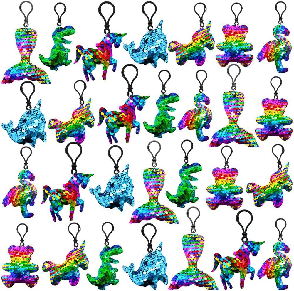 CAMIRUS 28 Pack Glitter Flip Sequin Keychains Unicorn Dinosaur Keychain with Greeting Cards for Valentines Party Favor, Easter Egg Filler Party Favors, Easter Classroom Prize Supplies