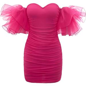 WDIRARA Women's Off Shoulder Puff Sleeve Prom Mesh Dress Ruched Cocktail Bodycon Party Elegant Mini Dresses (Medium, Hot Pink)