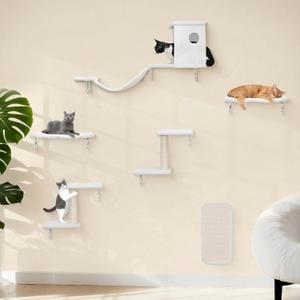 Meecal 6-in-1 Cat Wall Shelves, Wall-Mounted Cat Furniture for Indoor Kittens, Modern Floating Shelves with Scratching Posts, Bed, Perch, Bridge, Condo, Steps and Scratcher, Space-Saving Gym, White
