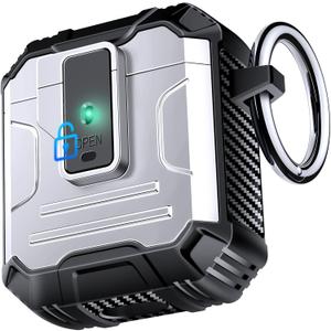 AirPods 1/2 Case with Lock & Carabiner, 360° Military-Grade Shockproof Cover, 1-Click Magnetic Lock Open, Secure Clip for Running, Hiking, Outdoor Travel-Silver