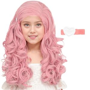 karlery Girls Long Pink Wave Wig with Barrette Halloween Cosplay Party Costume Wig