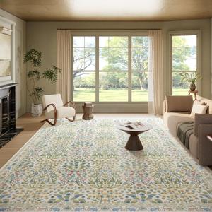 Washable 9x12 Area Rug - Light Green Vintage Floral for Living Room, Dining Room Under Table & Bedroom - Soft Low Pile, Non-Slip & Stain Resistan (White)