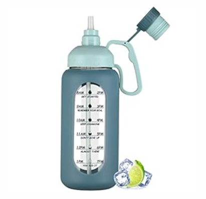 MUKOKO 64oz Glass Water Bottles with Straw, Half Gallon Water Jug with Time Marker, Sports Large Motivational Bottle with Silicone Sleeve, Blue