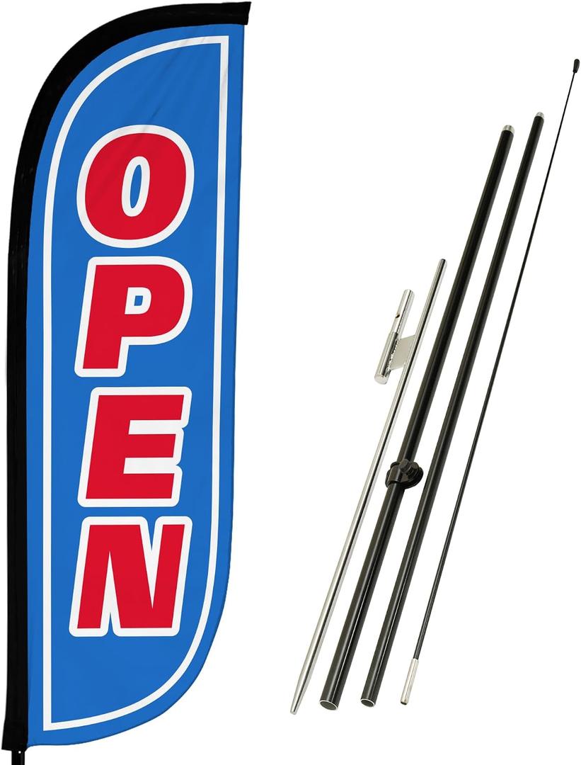LookOurWay Feather Flag Pole Kit - 7 Feet Tall Advertising Banner with Fiberglass Pole Set and Ground Spike for Business Promotion - Open Flags - Open Blue & Red