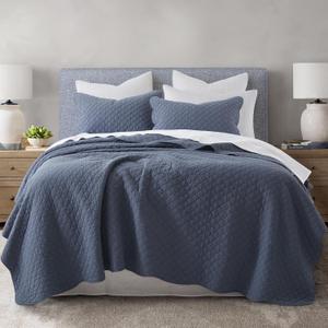 HORIMOTE HOME 100% Cotton Quilt King Size, Steel Blue Soft Lightweight Cotton Bedspread 3 Pieces Scalloped Edge Geometric Stitching Quilt Bedding Set with 2 Shams for All Season, 106 x 96 inches