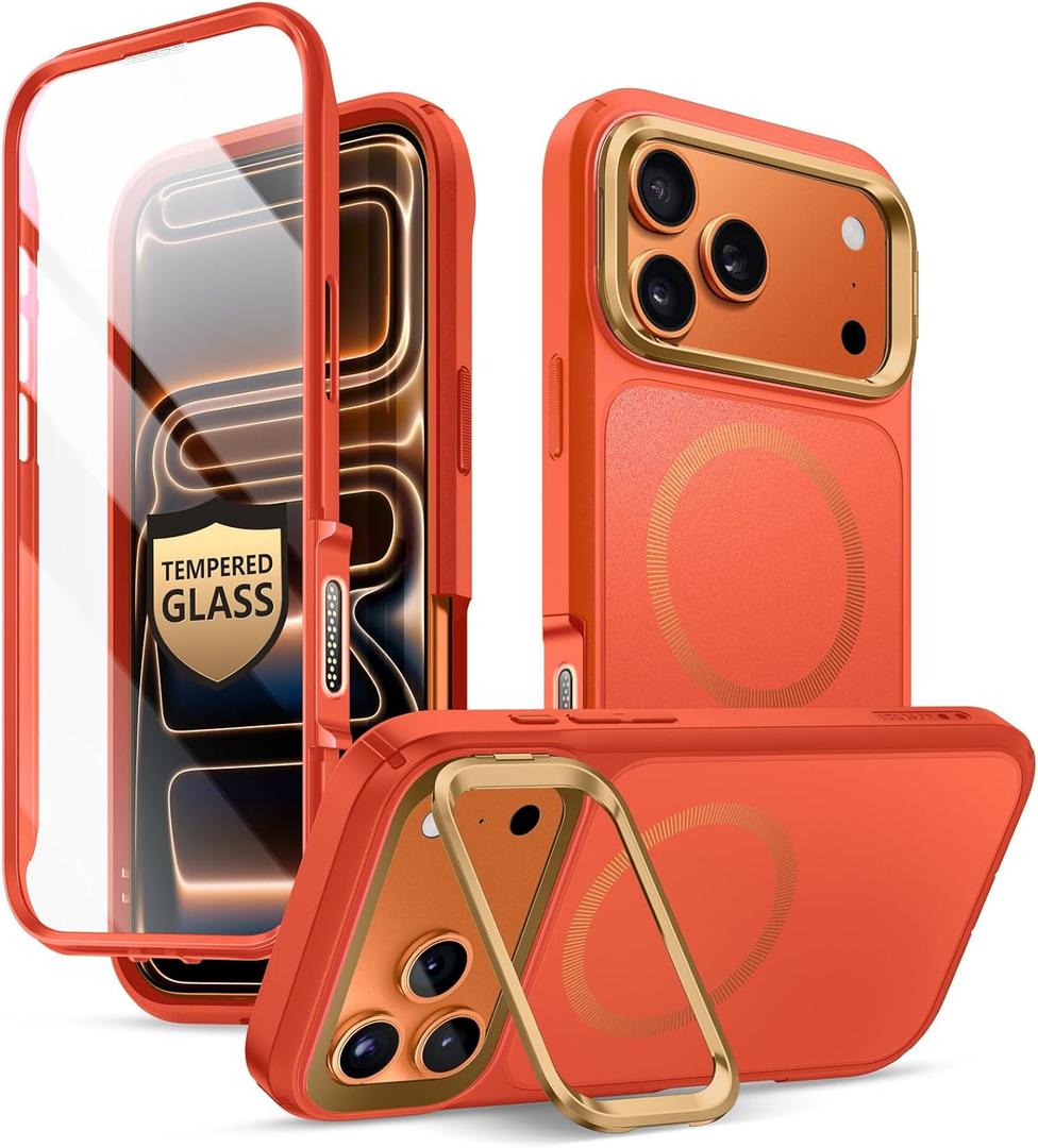 i-Blason for iPhone 17 Pro Case MagSafe with Stand [9H+ Tempered Glass Screen Protector] [Military-Grade Protection] [Camera Control Button] Full-Body Heavy Duty Magnetic Phone Case 6.3'', Coral