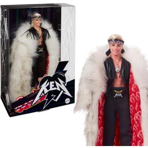 Barbie The Movie Collectible Ken Doll Wearing Big Faux Fur Coat and Black Fringe Vest with Bandana