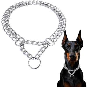 Silver Dogs Choker Chain Collar, Double Row Martingale Chain Dog Collars, Chew Proof Metal Cuban Link Dog Collar Adjustable for Small Medium Large Breed Dogs (2 Row, M)