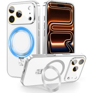 TOBOVON Magnetic for iPhone 17 Pro Max Case with Ring Stand, Fits MagSafe, with Built-in Camera Lens Protector, Slim Electroplated Shockproof Phone Cover, Silver