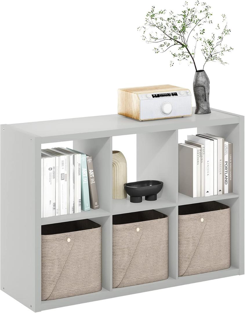Furinno CUBICLE Book Shelf, 6-Cube Bookshelf, Extra Thick Frame Horizontally & Vertically Reversible Bookcase with Open Back, 14.6" x 44" x 30", for Living Room, Bedroom, Home Office, Light Grey, 6-cube,1.2in
