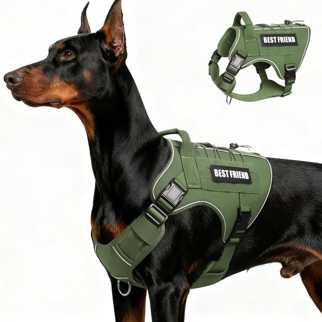 MOOGROU Tactical Dog Harness for Large Dogs,No Pull Military Dog Vest with Handle,Reflective Heavy Duty Pet Harness for K9 Working Walking Hiking Training Green XL