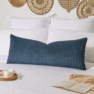 Kevin Textile 14x36 Inch Long Lumbar 1 Pack Boho Decorative Throw Pillow Cover Soft Striped Corduroy Rectangle Cushion Case Farmhouse Solid Color Accent for Living Room Couch Sofa Bed, Blue