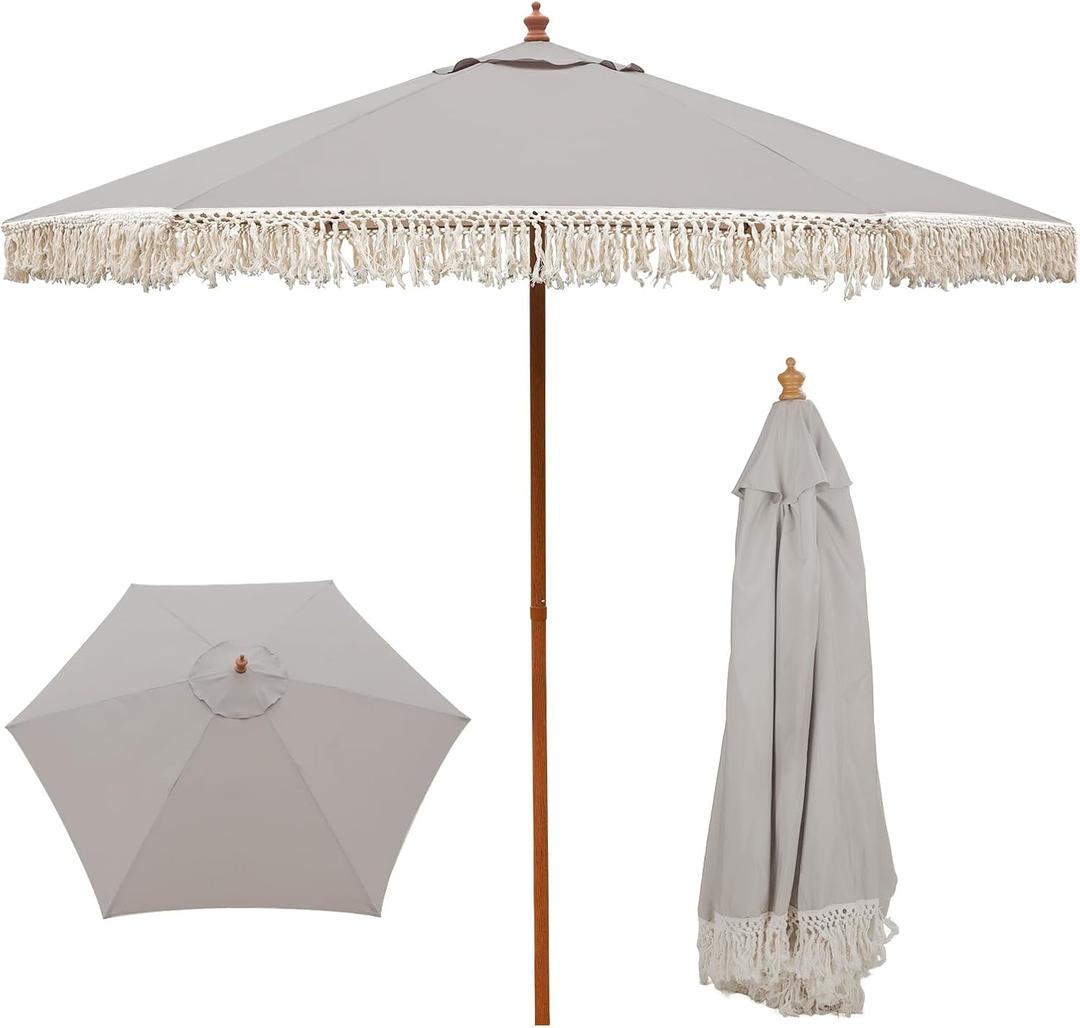 9 FT Patio Umbrella with Fringe,Fringe Portable Beach Umbrella,Heavy-Duty Metal Frame,6 Ribs with Ventilated Canopy,UV Protection & Waterproof, Suitable for Garden,Deck,Pool,Patio Table