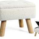 Storage Ottoman, Small Foot Stool Ottoman with Storage, Boucle Teddy Velvet Foot Rest with Padded Seat, Sturdy Wood Legs Stool for Living Room, Bedroom, Couch, Enterway (Cream)