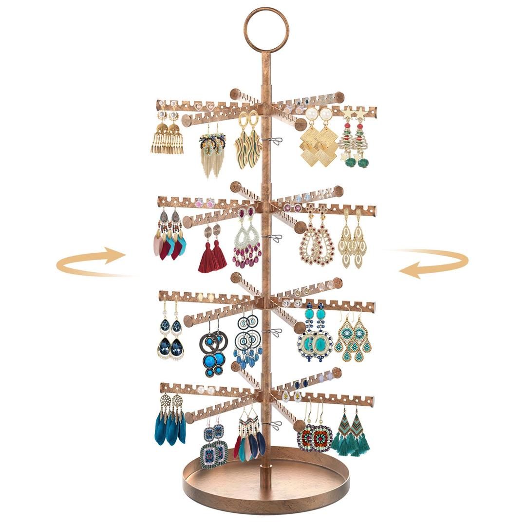 MODOWEY 4 Tier Metal Rotating Earring Holder Organizer Stand Adjustable Display Tree for Women, 384 Holes and Grooves Rack Tower for Pierced Dangle, Large Capacity Space-Saving Jewelry Hanger, Bronze