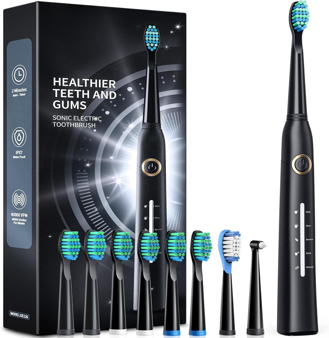 Electric Toothbrush for Adults with 8 𝐁𝐫𝐮𝐬𝐡 𝐇𝐞𝐚𝐝𝐬, Sonic Electric Toothbrush with 40000 VPM Deep Clean 5 Modes, Rechargeable Toothbrushes Fast Charge 4 Hours Last 30 Days