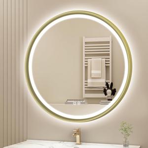 S'bagno 24'' Round Gold LED Mirror for Bathroom with Frontlit & Backlit, LED Vanity Mirror with Metal Frame, Anti-Fog, Stepless Dimmable, 3 Colors Temperature