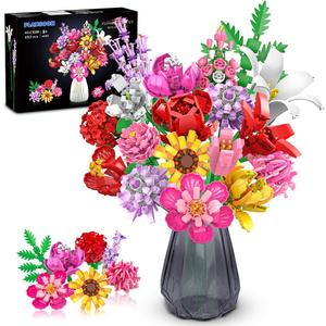 PLAXSOON Flower Bouquet Building Set, Gifts for Mothers Day Botanical Collection Building Block Toy 1464 PCS, 18 Flowers Rose Sunflower Plant for Adults Women Girls 8-12+, Office Home Decor