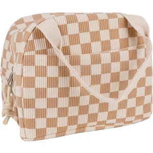 Checkered Lunch Bag for Women and Men, Insulated Corduroy Lunch Box with Handle and Pocket for Travel, Work, Picnics, Brown White Plaid