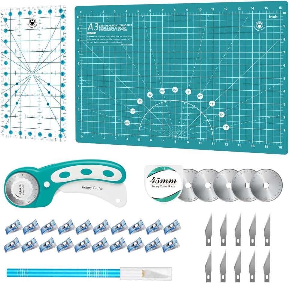 Headley Tools Rotary Cutter Set - 45mm Fabric Cutter, 5 Extra Rotary Blades, A3 Cutting Mat, Quilting Ruler and Sewing Clips, Craft Knife Set, Ideal for Crafting, Sewing, Patchworking, Turquoise