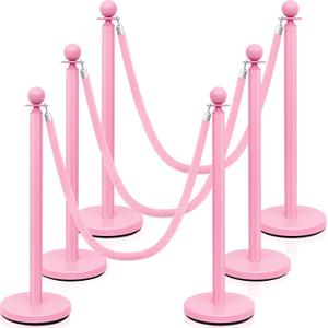 Ferraycle 6 Pcs Stainless Steel Stanchions Post Queue 38 Inch, 5 ft Velvet Rope Carpet Ropes and Pole, Control Barriers for Wedding Birthday Party Decoration Sand Injection Hollow Base Set (Pink)
