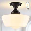 Bagood 12" Milk Glass Lights Fixture Schoolhouse Light Fixture Mid Century Light School House Lights Fixtures Ceiling Semi Flush Mount Ceiling for Bathroom Bedroom (Bulb Incl.)