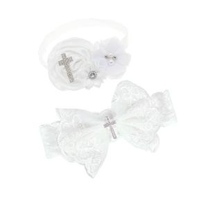 BBTDIN Baby Baptism Headband Bow Newborn Christening Hair Band Baby Baptism Lace Headwear BBG48 (C2-Cross Set)