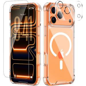 for iPhone 17 Pro Max Case with Tempered Glass Screen Protector & Lens Protector, Compatible with MagSafe, Military-Grade 4-Corner Shockproof, Magnetic & Anti-Yellowing Clear Case