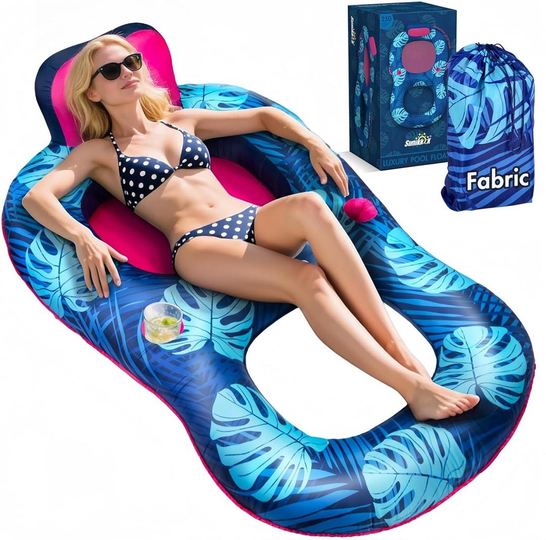 Upgrade Travel Pool Floats Adult with Carry Bag, Fabric Portable Packing Inflatable Pool Floats for Pool Floating, Luxury Floats with Backrest and Cup Holder, Fast Inflation, Floral Design (Navy)