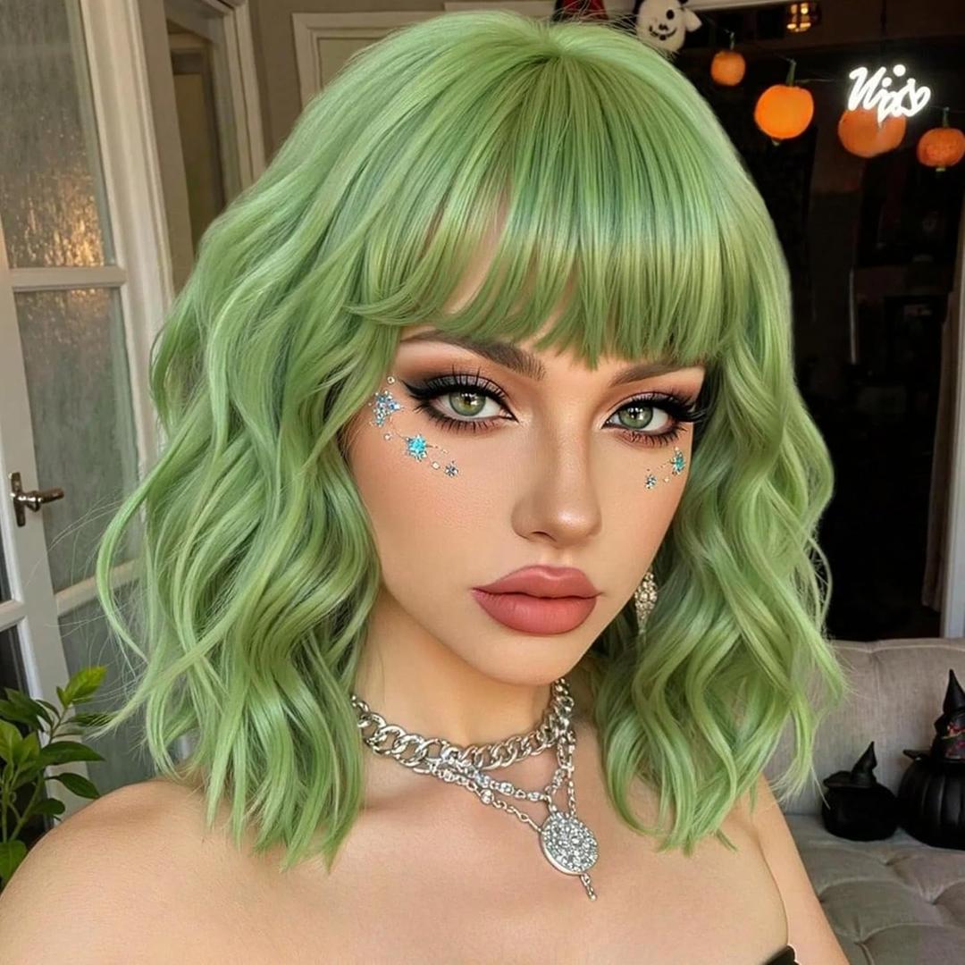 Green Wigs for Women Short Bob Wig with Bangs Lime Light Green Hair Funny Colorful Crazy Party Wavy Shoulder Length Synthetic Wig for Halloween Girl Cosplay Costume