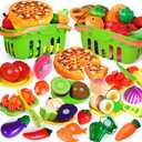 100 PCS Cutting Play Food Toy for Kids Kitchen, Pretend Food Kitchen Toys Accessories with 2 Baskets, Fake Food/Fruit/Vegetable, Christmas Birthday Gifts for 2 3 4 5 Years Old Toddlers Boys Girls (Green)