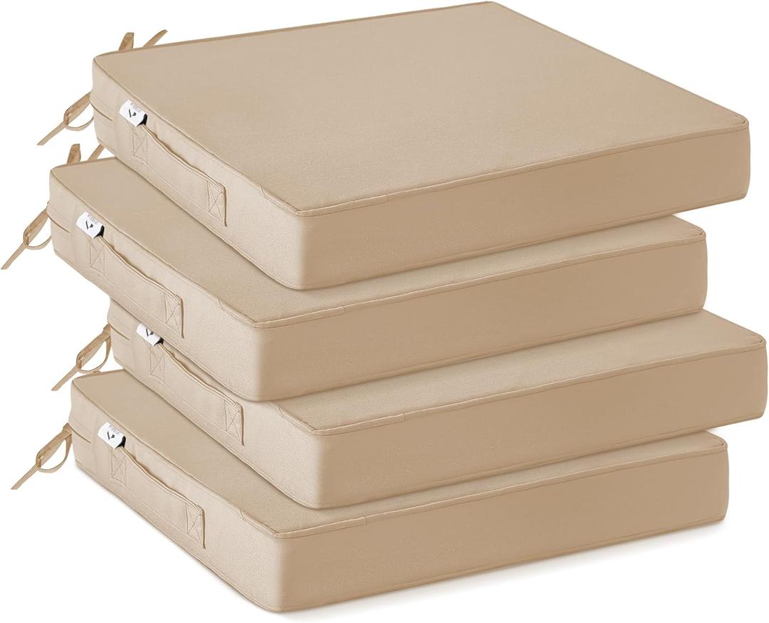 IPYNBAP Outdoor Chair Cushions Set of 4 -Waterproof Outdoor Seat Cushions for Patio Furniture, Patio Chair Cushion with Handle and Ties, Out Door Chair Pads,19x19x3-Square, Beige