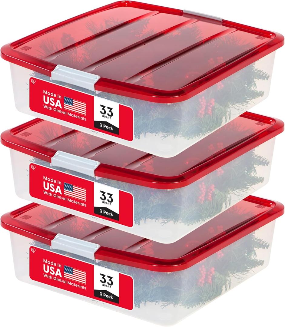 IRIS USA 33 Qt. Holiday Wreath Storage Container Box with Lid, 3-pack, Stackable Under Bed Storage Organizer Bin with Latching Buckles for 20" Wreaths Festive Holiday Decorations Garlands, Clear/Red