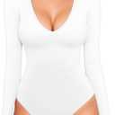 Long Sleeve V Neck Bodysuits for Women Double Lined Sexy Going Out Tops Body Suit Shirts, L