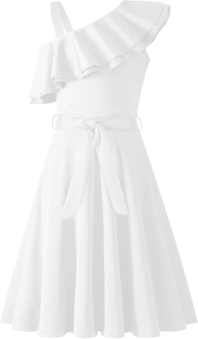 Arshiner Girls Dress One Shoulder Formal Ruffle Trim Birthday Party Dresses with Belted Pockets for 5-12 Years (9-10 Years, White)