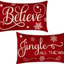 2 Pieces Christmas Pillow Covers 12 x 20 Inch Xmas Believe Throw Pillow Cases Red Cushion Cover Rectangle Xmas Linen Pillowcases for Home Bedroom Couch Sofa Christmas Decorations