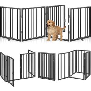 Vantas Folding No-Assembly Metal Pet Gate 80" Wide, 24" Extra Tall Dog Gate with Door Walk Through, Freestanding Accordion Puppy Gate Dog Door for Indoor & Outdoor, with 2PCS Support - Black