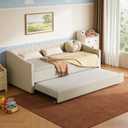 FAVSH Upholstered Daybed with Trundle, Twin Size Day Bed w/Button-Tufted Back and Piping on Waved-Shape Arms for Bedroom or Guest Room, No Box Spring Required,Beige